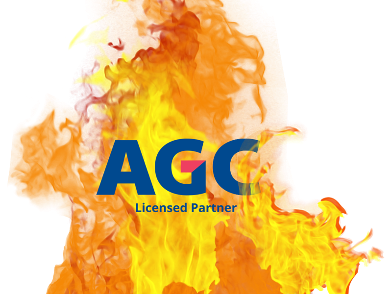 AGC logo placeret på flammer